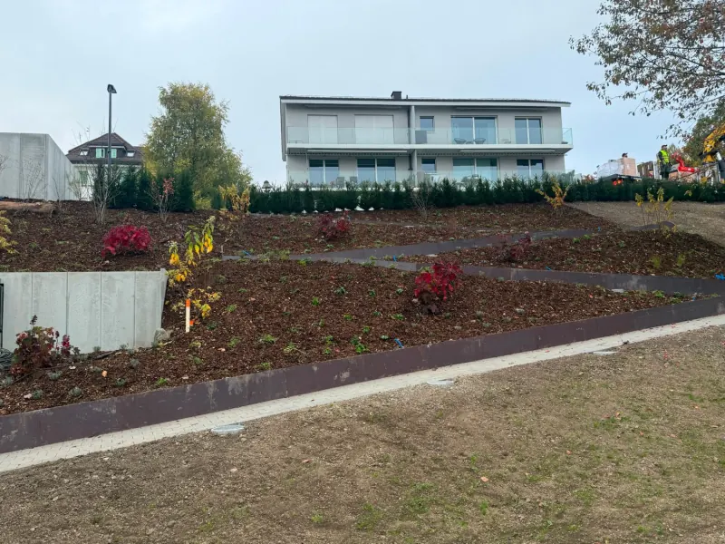 Bepflanzter Hang mit Stahlkanten in mehreren Stufen, Rindenmulch